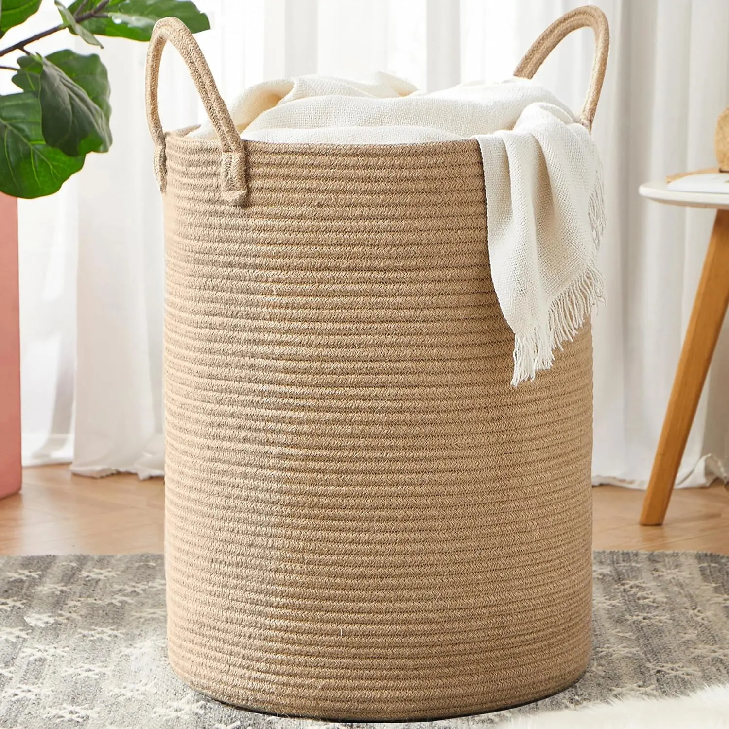80L Extra Large Jute Laundry Hamper Tall Woven Laundry Basket Wicker Rope Clothes Hamper Boho Blanket Basket for Living Room Bedroom 16"D x 22"H