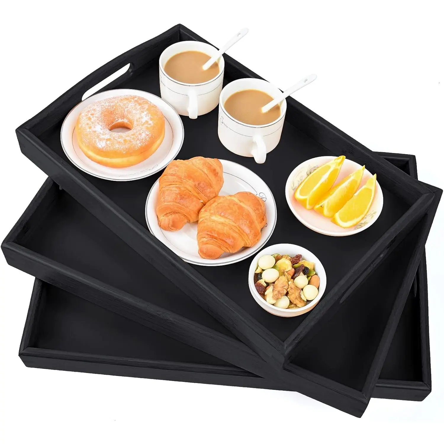 3 Pack  Serving Trays with Handles, Rectangular Kitchen  Tray for Eating, Dinner Trays for Eating  Couch,  Serving Platter for Breakfast, , Bar, Restaurant, Party or Bed (Black)
