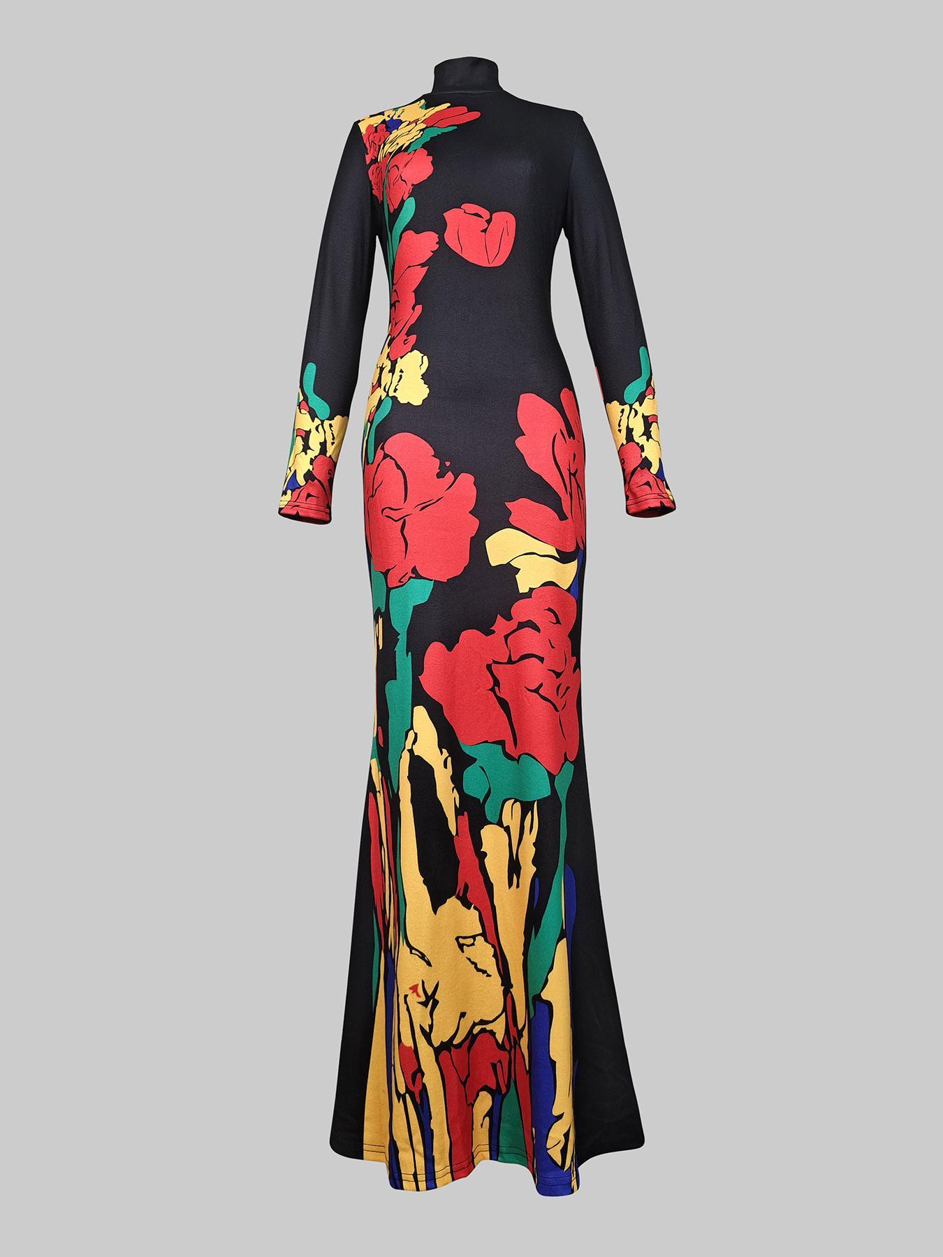 Women's Floral Print Dress, Bodycon Dresses, Elegant Fashion Casual Long Sleeve Dress for Party Club Dating Wear, Ladies Dress for All Seasons