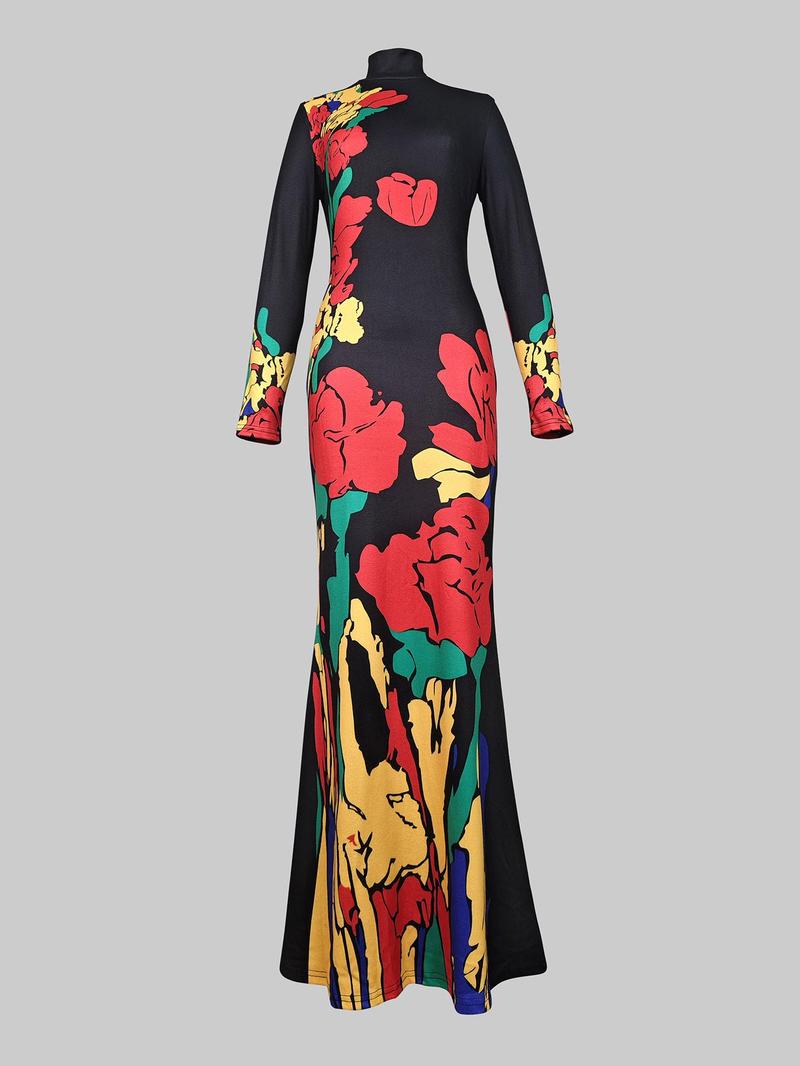 Women's Floral Print Dress, Bodycon Dresses, Elegant Fashion Casual Long Sleeve Dress for Party Club Dating Wear, Ladies Dress for All Seasons