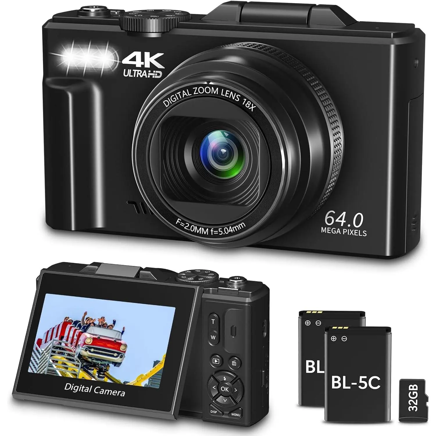 4K Digital Camera for Photography, 64MP Vlogging Camera for YouTube, WiFi Vlog Cameras with 18X Digital Zoom, 3'' Flip Screen and 32GB TF Card, Black
