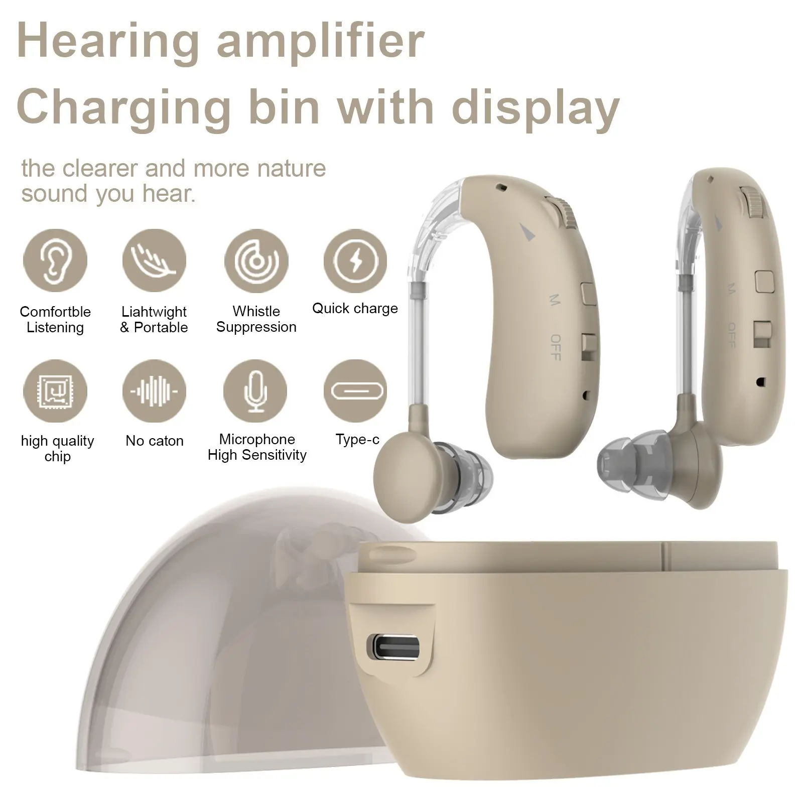 a set Invisible Hearing Aid for Adults with Hearing Loss, Behind-The-Ear Magnetic Charging Box, Noise Reduction, Natural Sound, USB Rechargeable