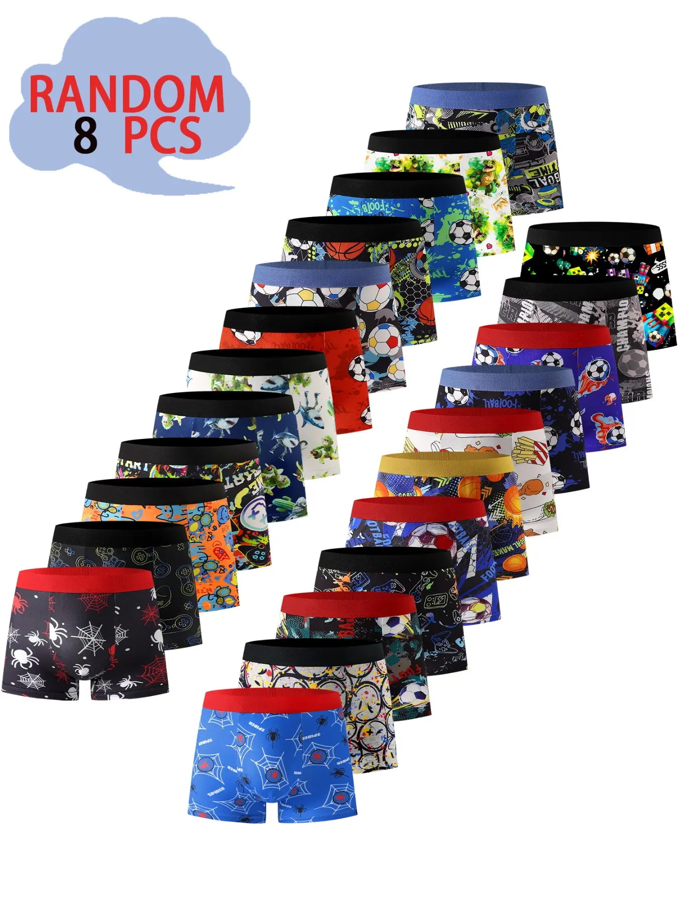Random 8 Pcs Boys' Underwear, Street Style Graffiti, Outdoor Sports Cycling Swimming, Soft Fabric, Suitable for Ages 4-12