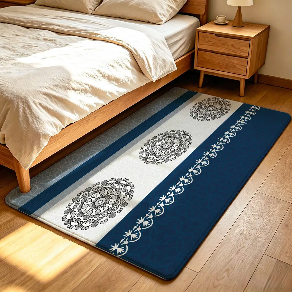 A blue-and-white color-blocked mandala-patterned rectangular floor mat. It's suitable for use in hotel bedrooms, living rooms, or beside sofas and beds. It's also an artistic home decoration item and can be given as a gift.