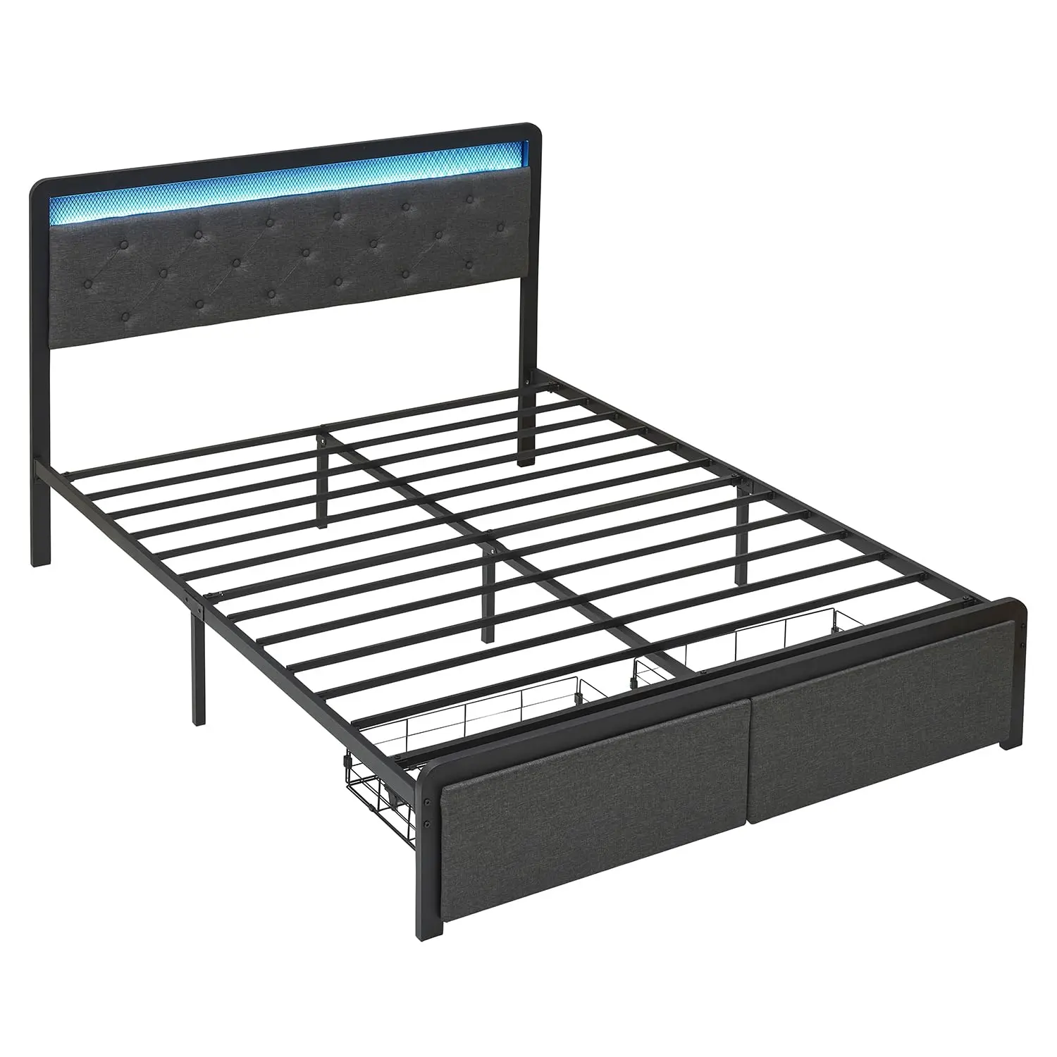GARVEE Full Bed Frame with Headboard and Storage, 2 Drawers Platform Metal Bed Frame, Full Size, No Box Spring Needed, Easy Assembly, Dark Grey