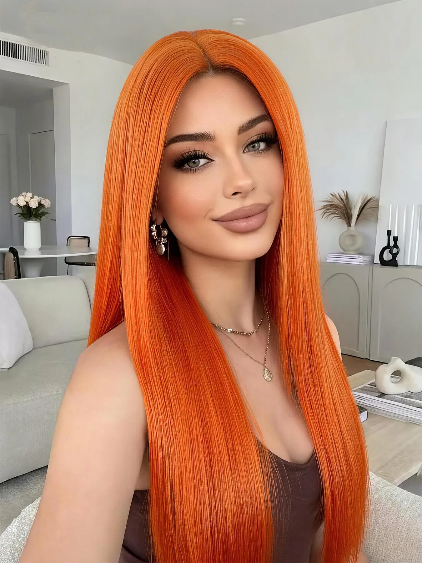 28 Inches Long Straight Ginger Wig for Women, Synthetic Wig Middle Part, Cosplay Wig for Party Halloween Costume Daily Use