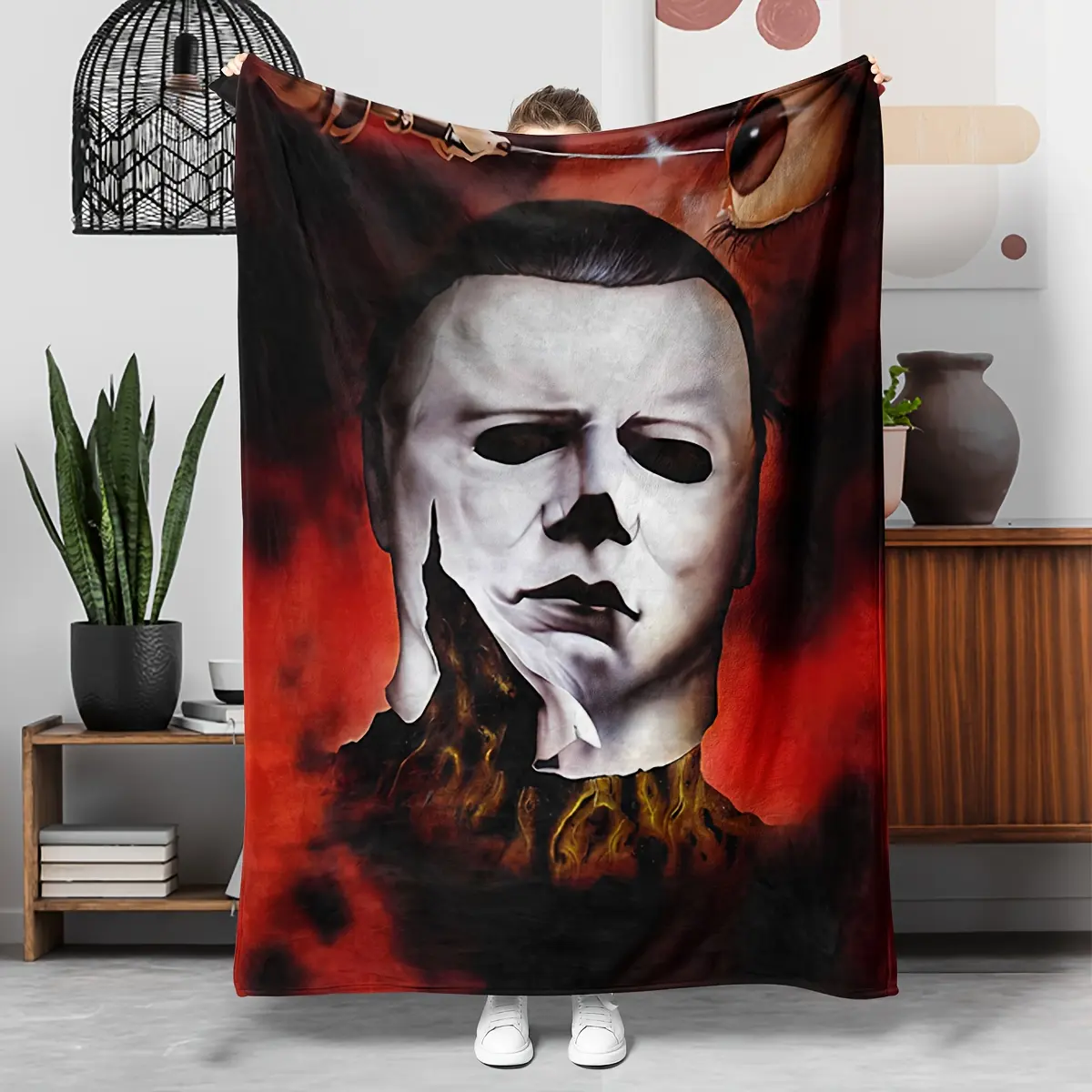Halloween Michael Myers Large Portrait Smoky Red Background Flannel Throw Blanket Classic Slasher Horror Movie Warm Blanket Gift Fans All Ages