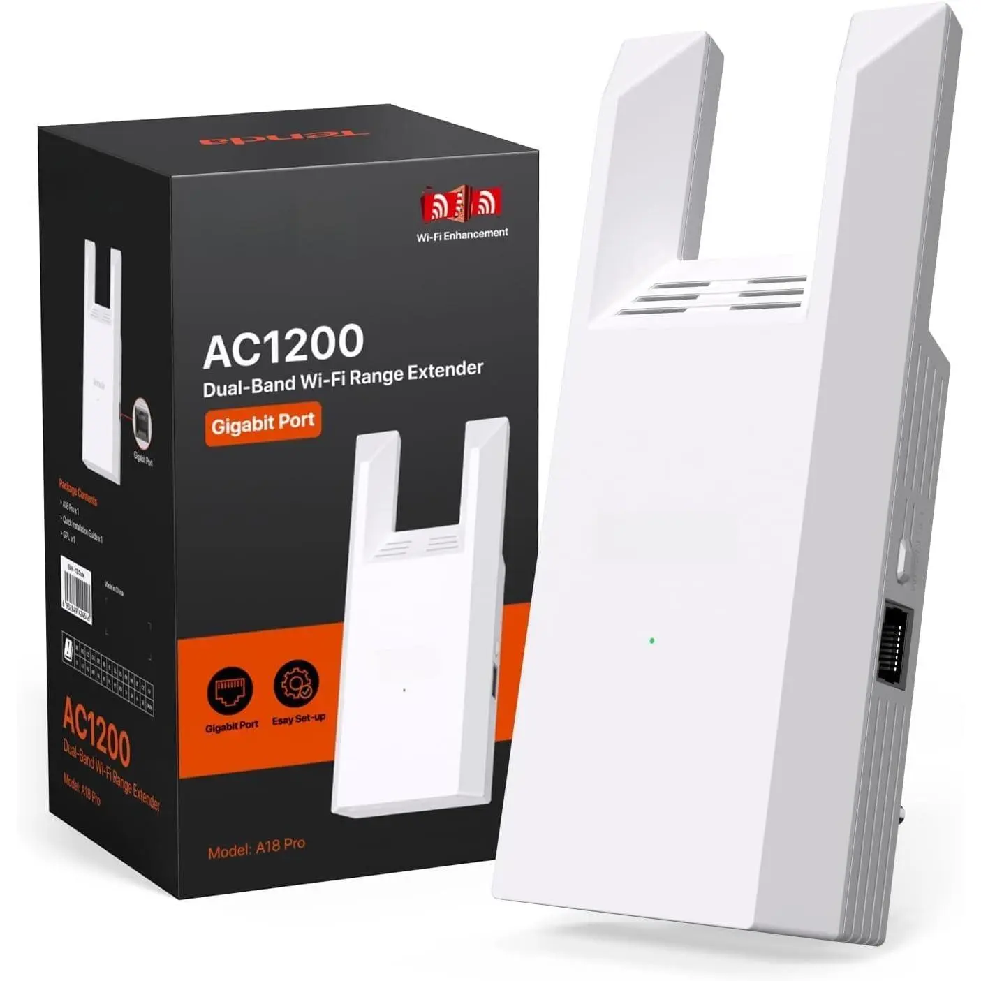 WiFi Range Extender AC1200 - WiFi Extender with Gigabit Ethernet Port, 1.2Gbps  Signal Booster,  Band, Up to 1600 Sq & 32 Devices (A18Pro)