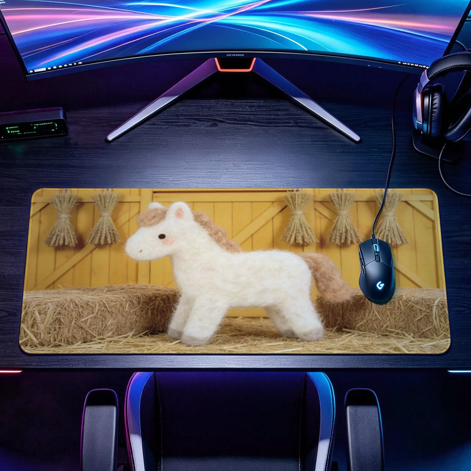 Extra Large cute wool felt white pony farm design Mouse Pad,Non Slip Rubber Pad,Desktop Decoration Drotection Pad,Washable,Lock Edge Multi Size,Premium Multipurpose Mousepad For Home,Office,Gift for Family and Friends