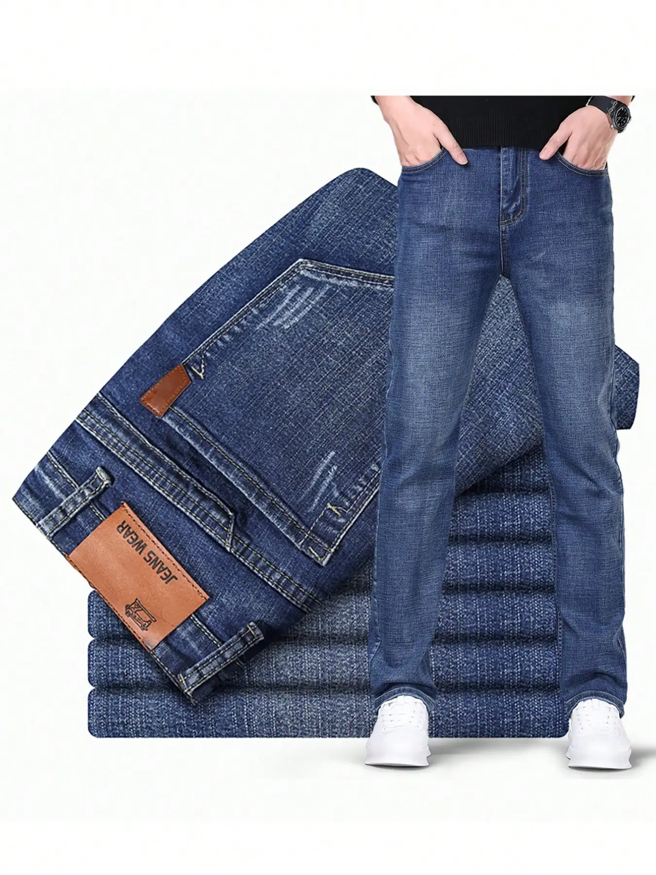 Men's Straight Leg Jeans, Nondistressed Jeans, Elastic Waist Design, Daily Wear Denim Jeans, Comfortable Fit for Everyday Use, Durable Cotton Material