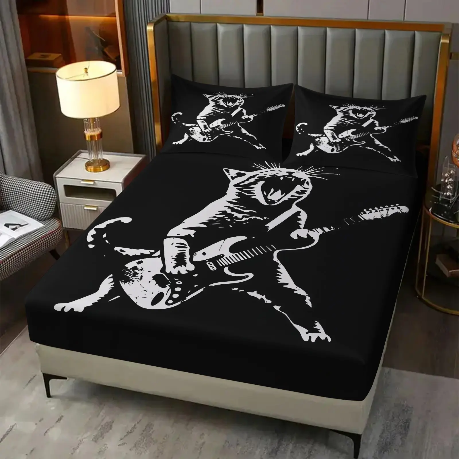 3-Piece Set Of Black Rock Cat Patterned Bed Sheets, Including 1 Bed Sheet And 2 Pillowcases (Excluding Pillow Core), Comfortable Bedding, Non Slip Suitable For Bedrooms, Suitable For Children And Teenagers As Gifts And Decorations