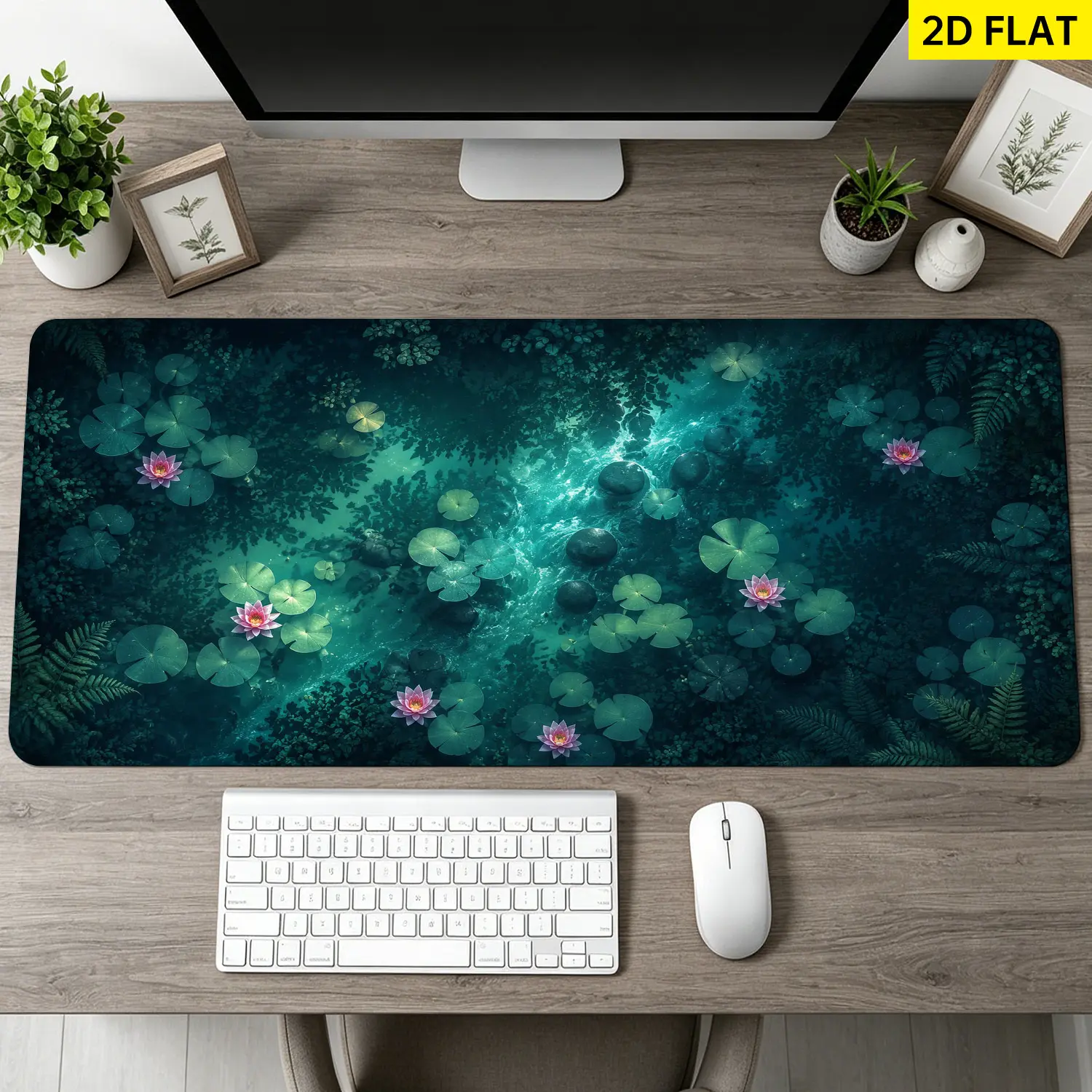Extra Large Dark Teal Water Lily Pond Mouse Pad, Non Slip Rubber Pad, Desktop Decoration Drotection Pad, Washable, Lock Edge Multi Size, Premium Multipurpose Mousepad For Office, Home, Gift for Family and Friends