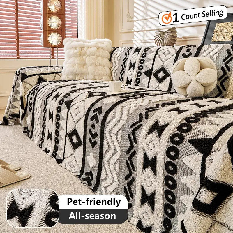 Boho Geometric Sofa Cover, Pet Friendly Couch Protector, All Season Textured Slipcover, Non-Slip Machine Washable Universal Furniture Cover, Slipcover For Sofa