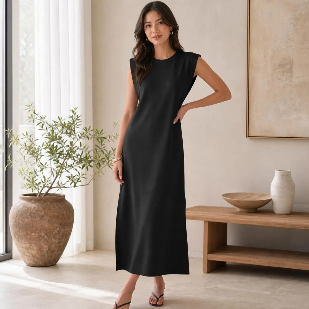 Women’s Summer Sleeveless Maxi Dress, Crew Neck Loose Fit Split Hem Wrinkle-Free Long Sundress, Lightweight Flowy Beach Vacation Travel Dress