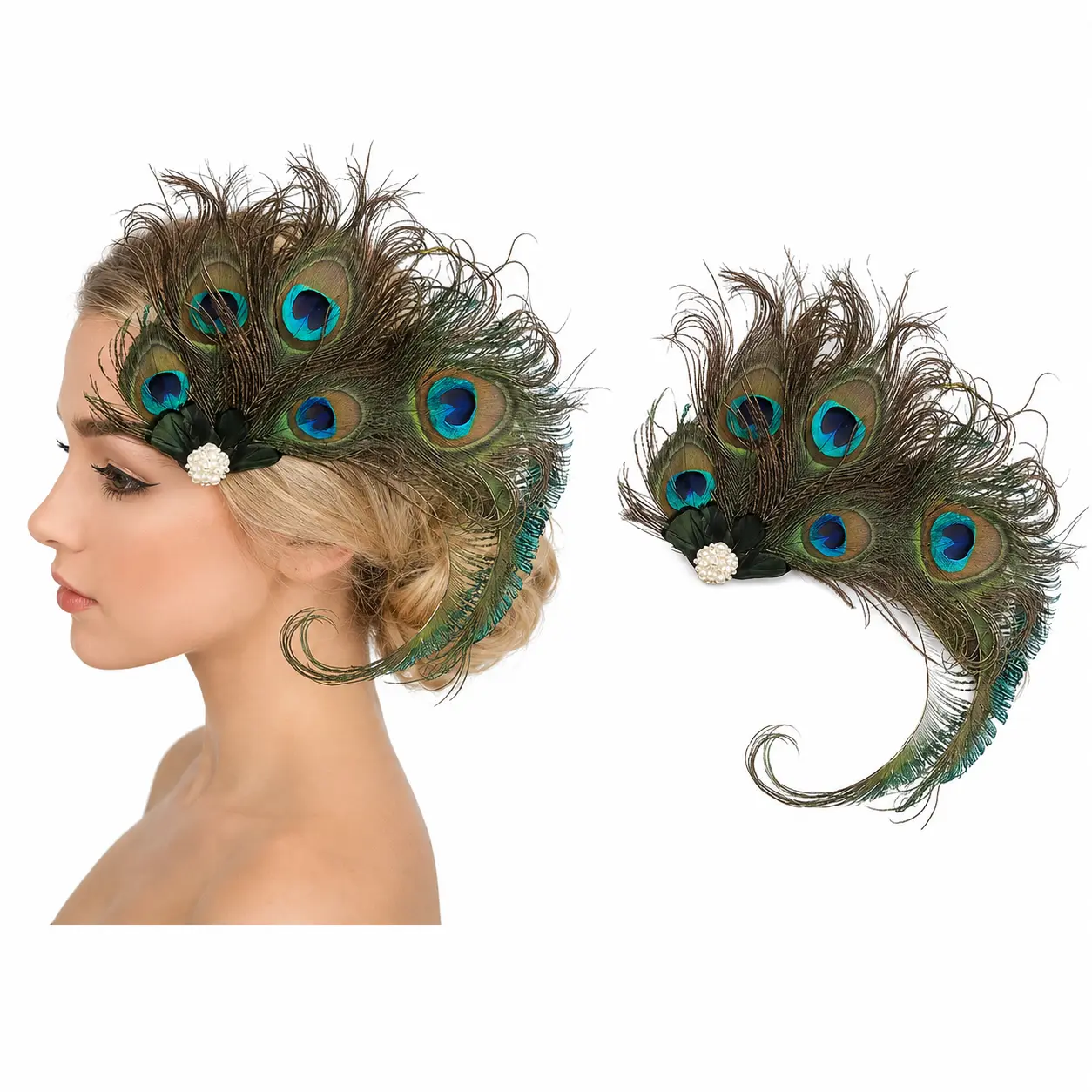 Vintage Peacock Fascinator Headpiece with a Floral Center, Layered Feathers, and Peacock Eyes - Women's Hair Clip for a Wedding, Plant Fibers