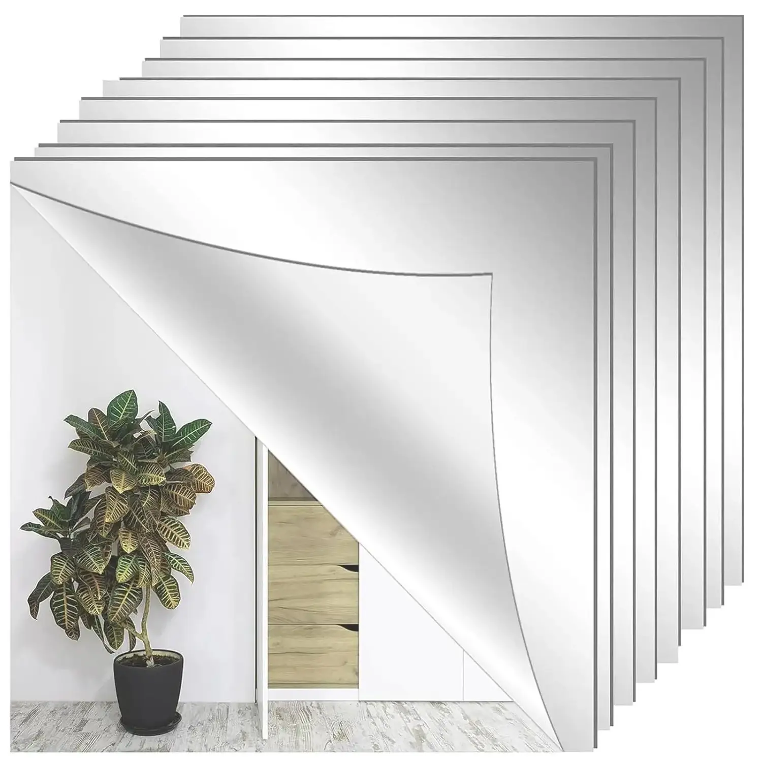 8 Pack Self Adhesive Acrylic Mirror, 30x30cm Mirror Tiles and 1.5mm Thick Mirror, Frameless Mirror and Flexible Plastic Sheets Wall Stickers for Yoga, GYM, Kitchen and Home Soft Decoration