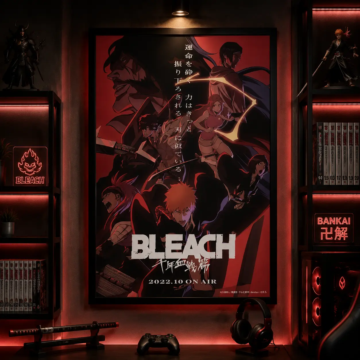 Bleach Anime Canvas Poster, Ichigo Kurosaki Red Action Manga Wall Art Print, Dark Soul Reaper Room Decor for Bedroom Dorm Game Room, Anime Fan Boyfriend Gift