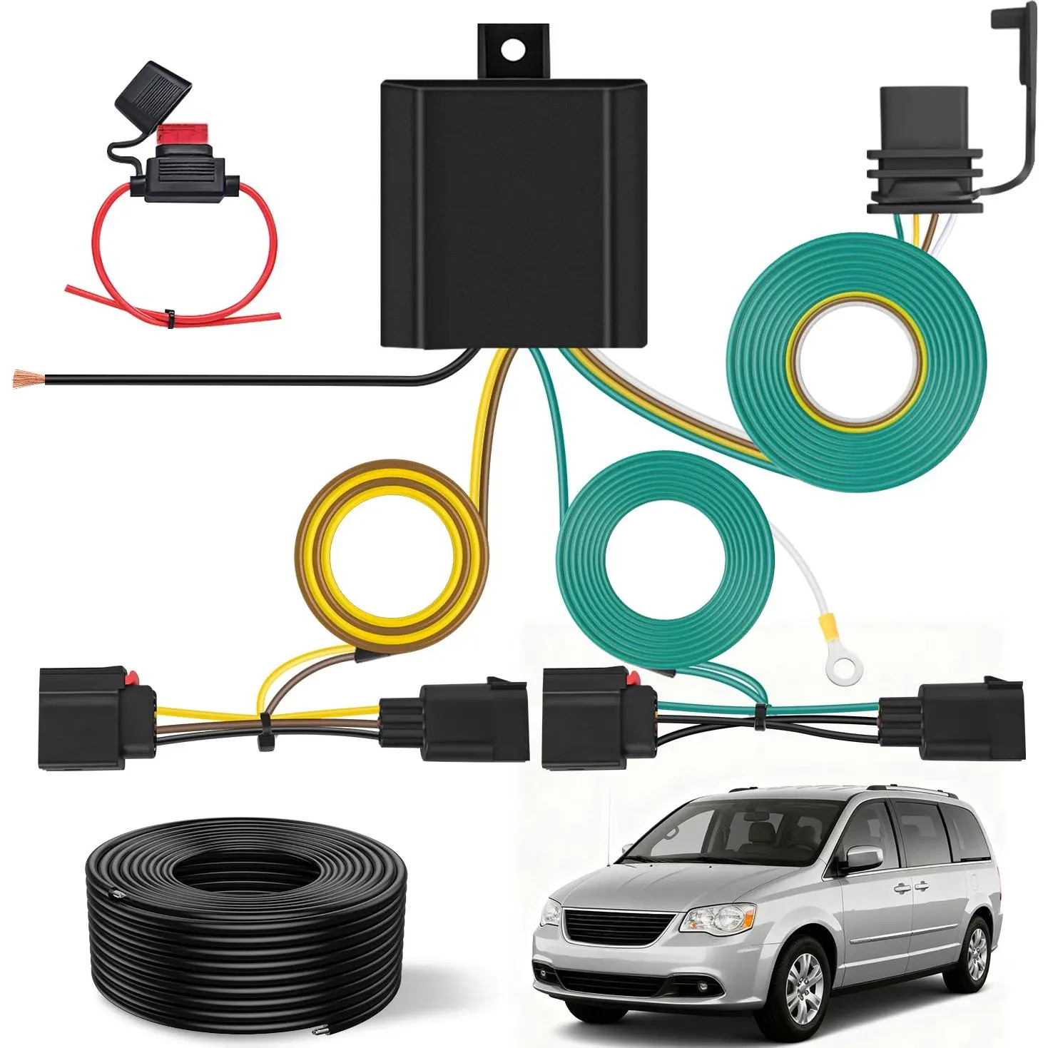 Nilight 4-Pin Trailer Wiring Harness Kit with ABS, 10A Fuse, 4-Pin Connector, Brake Signal Lights, Copper Core, Screw Fasteners, Excellent Light Intensity, Custom for 2008-2017 Jeep Patriot, Dodge Durango, Caliber, Grand Caravan, Chrysler Town & Country,
