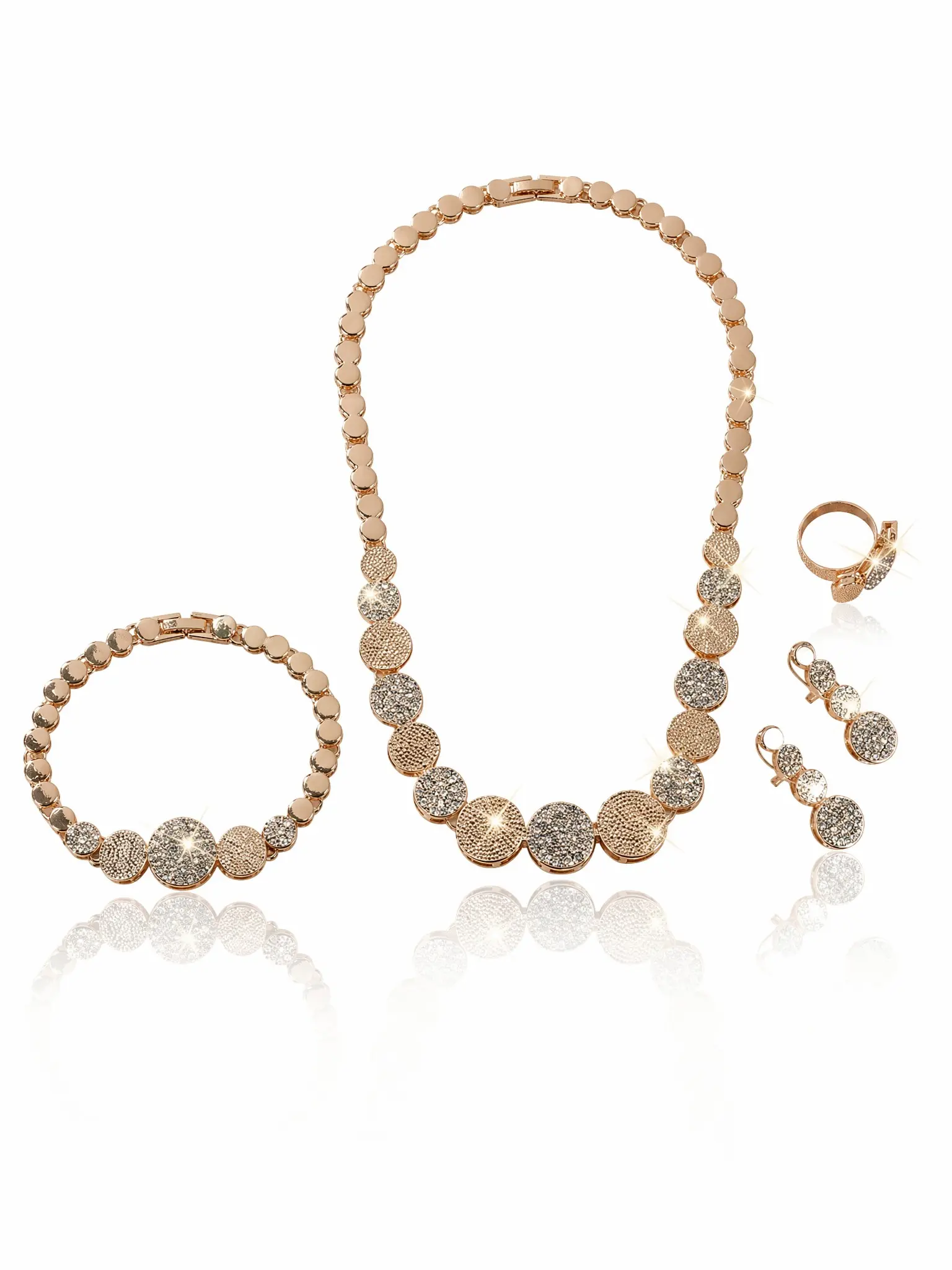 Jewelry Set, Necklace Bracelet Earrings Ring Four Piece Set, Simple Round Design, Elegant Gift for Women