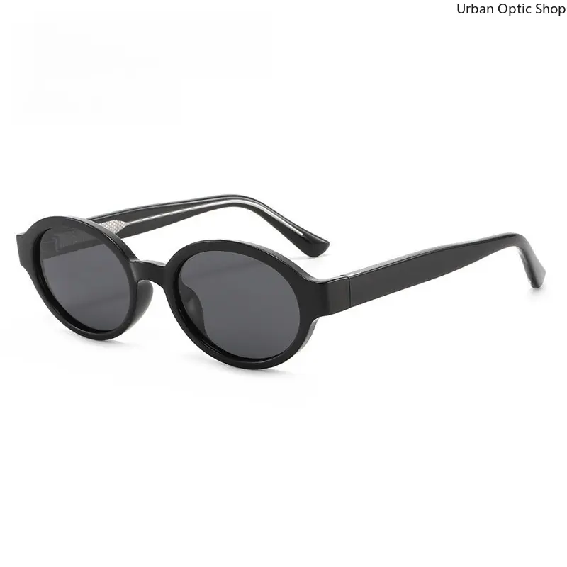 XUH Retro Small Oval Sunglasses for Men Women, Solid Black Frame Inner Textured Temples Smoke Lens UV400 Protection Vintage Fashion Shades for Streetwear Driving Beach Daily Wear