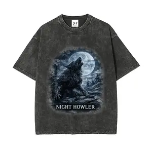 Unisex Menswear Night Howler Lone Wolf Graphic T-Shirt - Vintage Washed, 260G Heavyweight Cotton Fabric, Oversized Short-Sleeve Casual Streetwear, Full Moon Goth Biker Top, Retro Fit, S-5XL