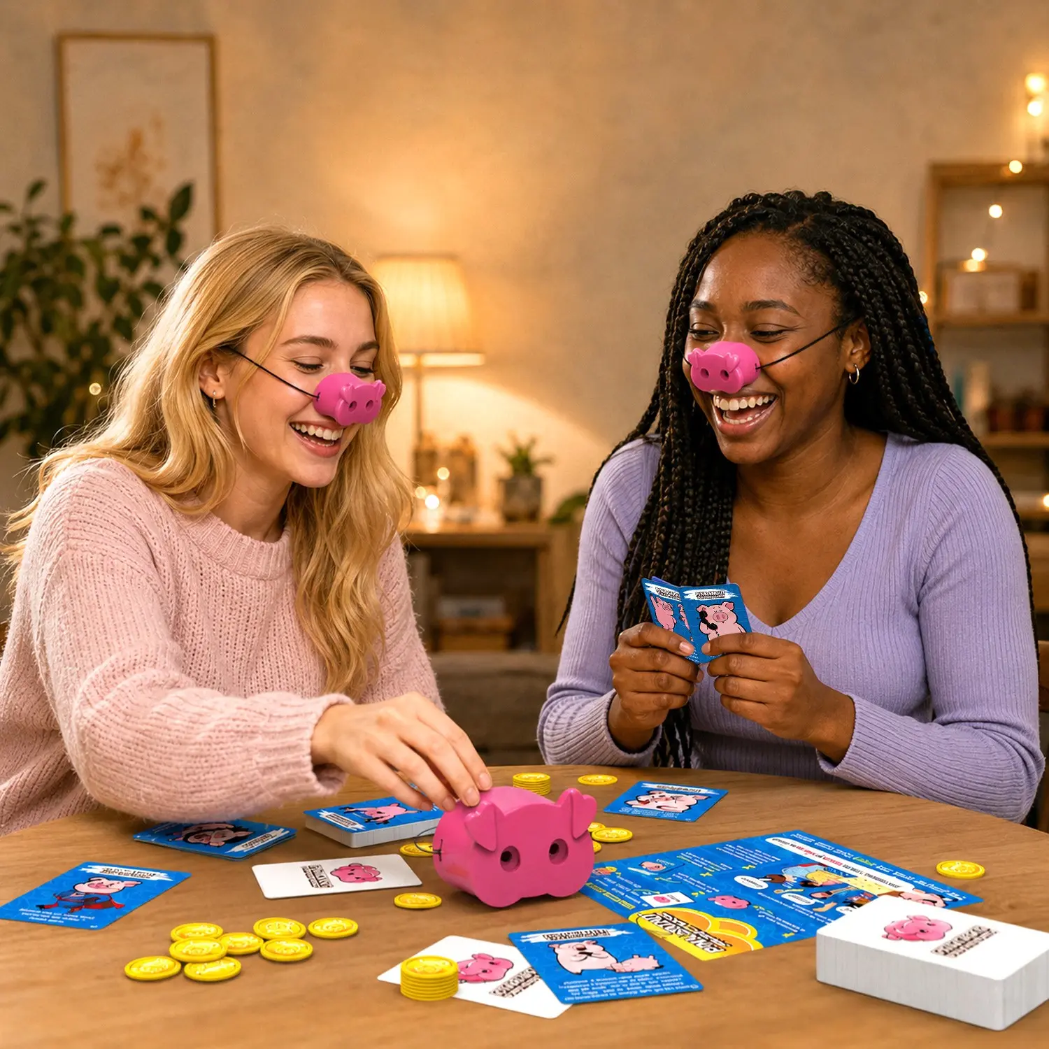 PINKSNOUT Pig Nose Prank Mask Set - 5 Pack + 60 Gold Coins, Funny Laugh Challenge Party Board Game for Kids Adults, Family Game Night Icebreaker, Screen-Free Social Interactive Toy, Christmas Birthday White Elephant Gift