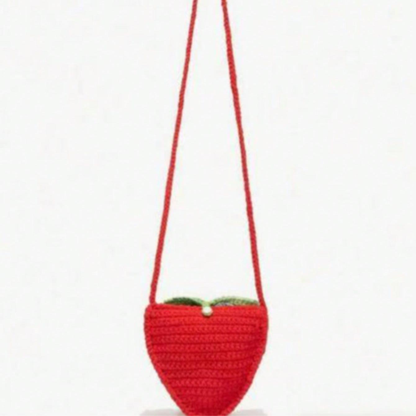 Cute Mini Everyday Purse, Handmade Creative Crochet Strawberry Handbag With Rhinestones Crossbodybag stylish Crossbody Shoulderbag Student Bag Children Bag Perfect for Everyday Outings