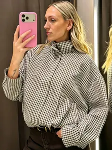 Women's Bomber Jacket Plaid Oversized Jacket Spring Autumn 2026 Casual Crop Pleated Long Sleeve Top Fashion High Neck Stand Collar Zip-Up Pilot Coat Office Commutes & Brunch Dates Outerwears Everyday Jackets