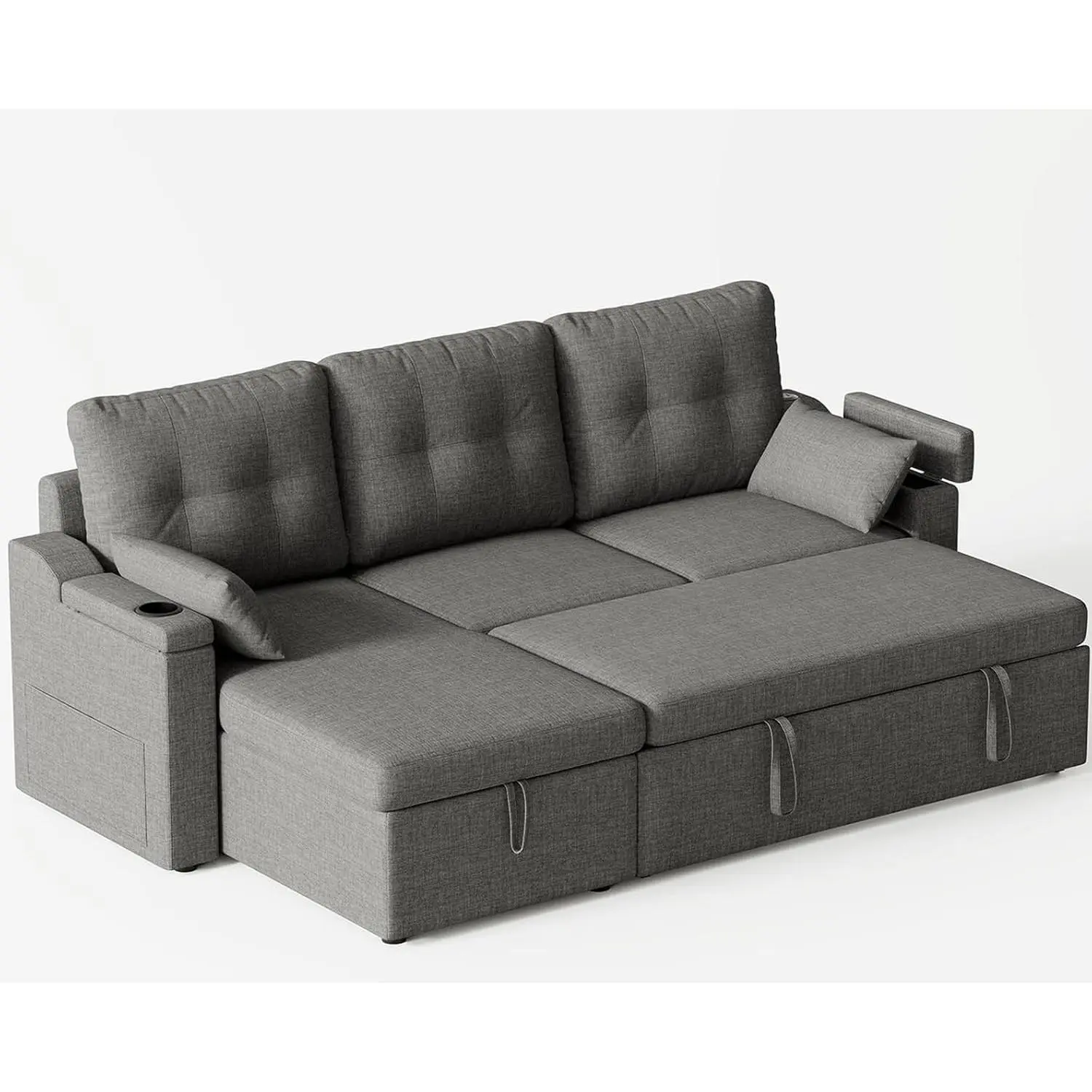 Modern L-Shaped Sleeper Sectional Sofa Bed – Pull-Out Couch with Reversible Chaise – Hidden Storage & USB C – Space-Saving Living Room – Gray Black