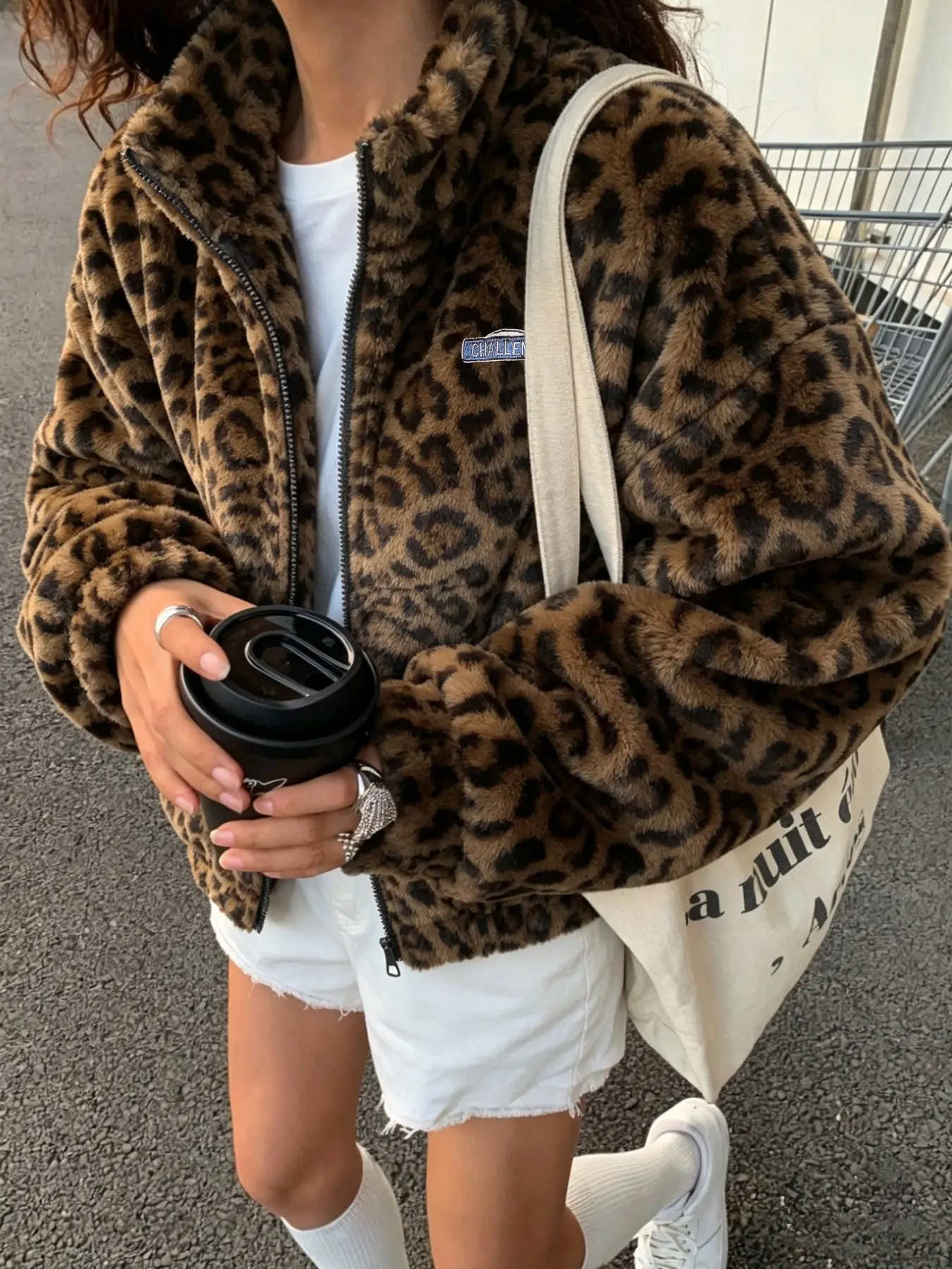 Thick Plush Leopard Print Retro Long Sleeve Zipper High Neck Jacket, Unisex Couples Wear, Winter Essential
