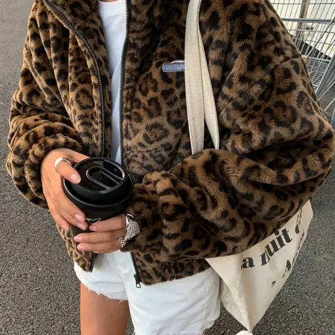 Thick Plush Leopard Print Retro Long Sleeve Zipper High Neck Jacket, Unisex Couples Wear, Winter Essential