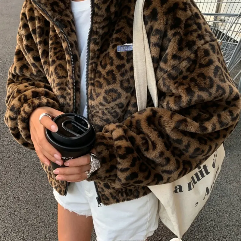 Thick Plush Leopard Print Retro Long Sleeve Zipper High Neck Jacket, Unisex Couples Wear, Winter Essential