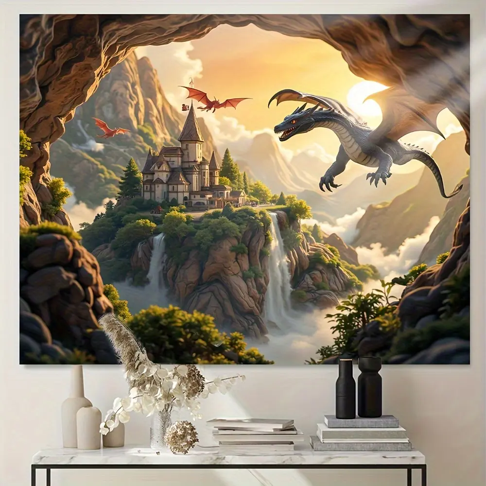 Polyester Dragon Flying Tapestry Wall Hanging - 1-Piece Vibrant Castle & Waterfall Scene Decor, No Electricity Required, Ideal for Holiday Decoration, Party Backdrop