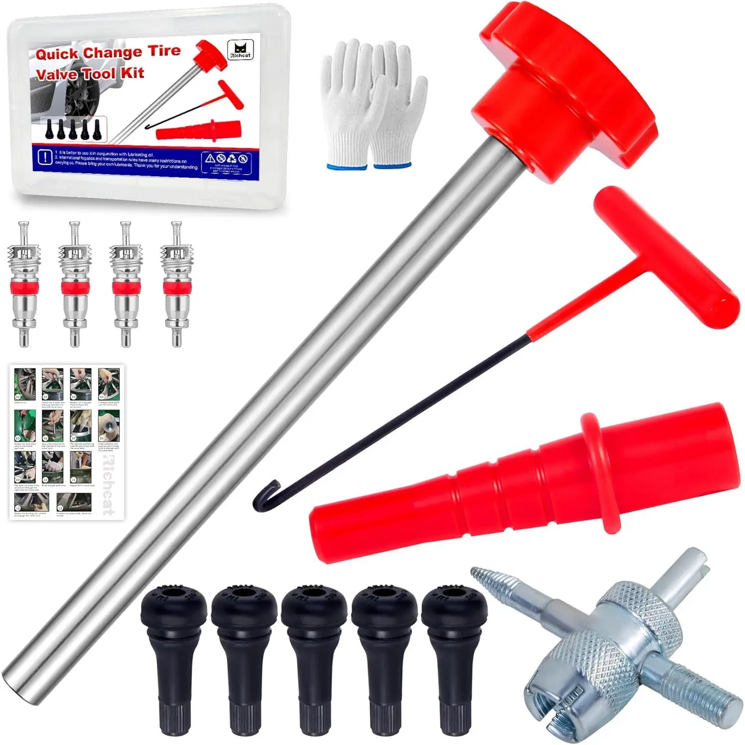 Quick Change Tire Valve Tool Kit,Tire Valve Stem Core Quickly Tool Kit,Perfect Tool for Replacing Leaky Valves in Cars,ATVs,Trucks,Motorcycles, etc.with 5 TR413 Valve,4-Way Valve Tool