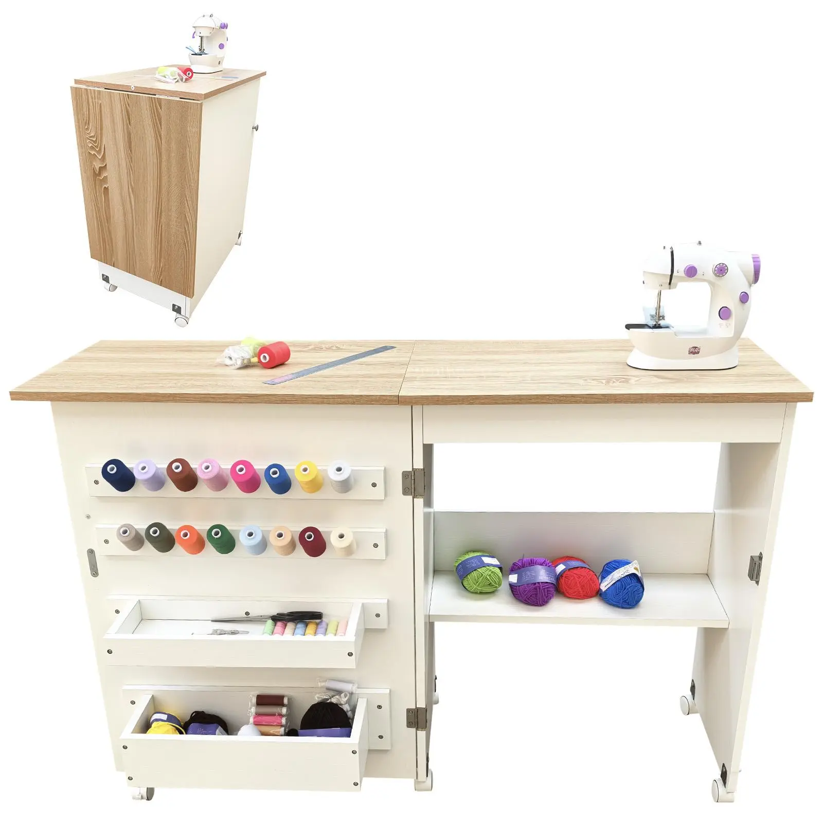 Compact Sewing & Craft Table with Storage Shelf and Tray – Collapsible Wooden Desk with Lockable Casters, Multipurpose Workspace for Sewing, Knitting, Home Studio