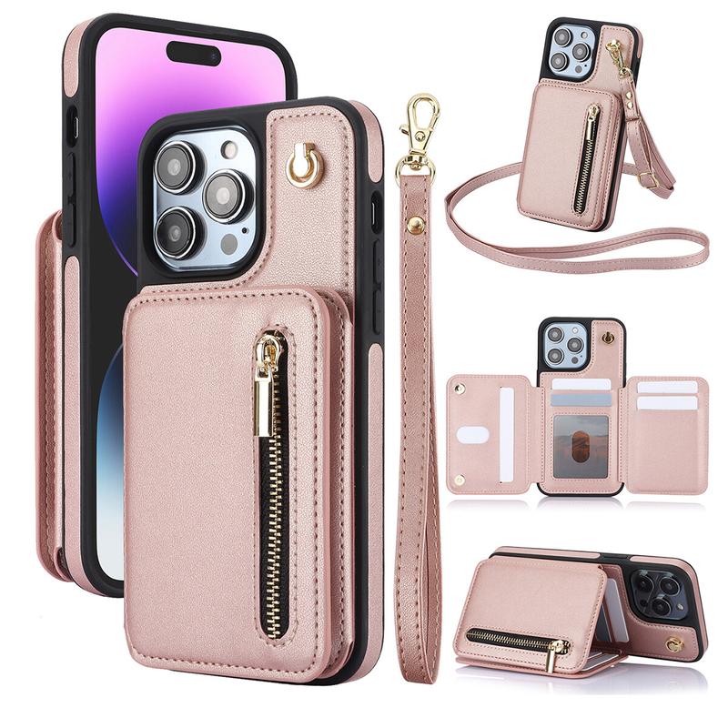 Lotosug Wallet Case for iPhone 17 Pro Max 16 15 14 13 12 11 PU Leather RFID Blocking Cash Holder Card Wallet Flip Stand Protective Cover Crossbody Lanyard Strap Wristband, Zipper Phone Case