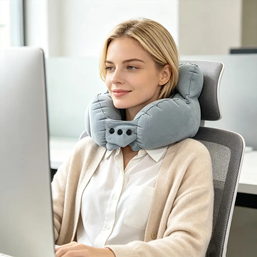 1pc PVC Thickened Automatic Inflatable U-Shape Pillow, Adjustable Neck Support, Portable Foldable Travel Pillow, Travel Neck Cushion, Neck Rest Cushion, Multi-Color High Aesthetic