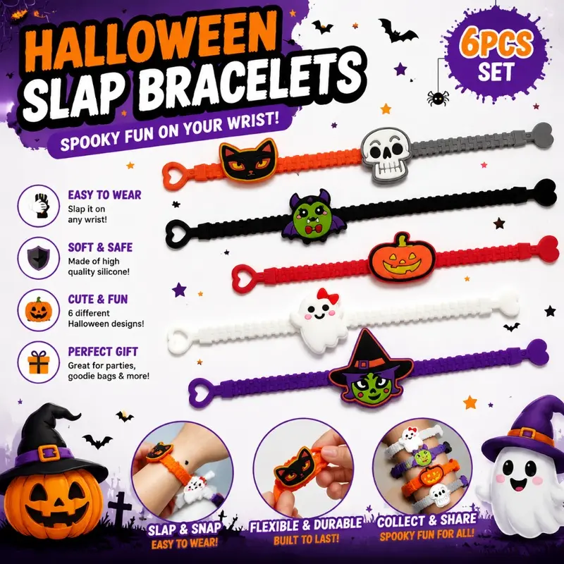 2027 Adjustable Halloween Character Silicone Wristbands, Spooky Pumpkin Skeleton Ghost Bracelet, Children Trick Or Treat Gift, Kids Weekend Party Atmosphere Accessory