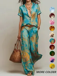 Casual Vacation Style Random Print Collared Shirt Top with Pocket Straight Leg Pants Set, No Belt Included, Perfect for