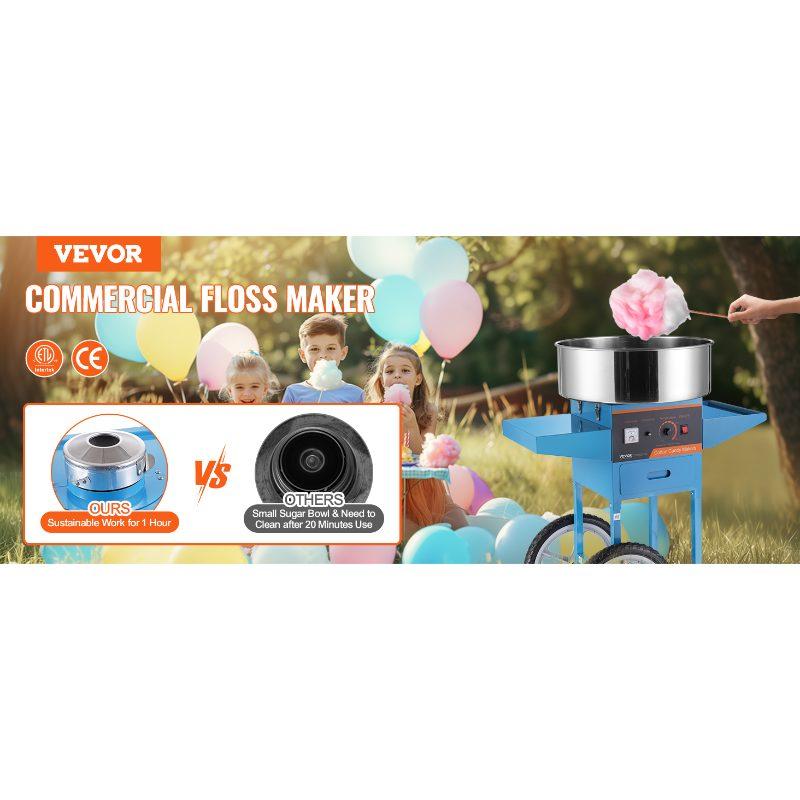 VEVOR Electric Cotton Candy Machine with Cart, 1000W Commercial Candy Floss Maker with Stainless Steel Bowl, Sugar Scoop and Drawer, Perfect for Home, Kids Birthday, Family Party, Blue