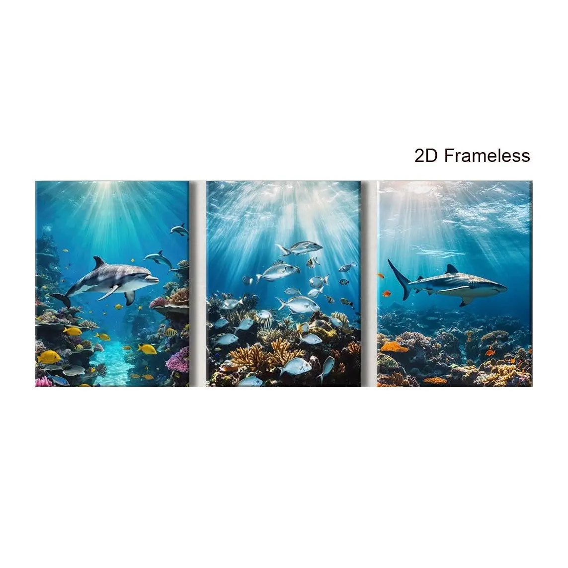 3-Piece Set, Beach Dolphin Wall Art, Blue Ocean Bathroom Wall Decor, Underwater World Photo Prints, Children's Bathroom Fish and Shark Canvas Art, Coastal Seascape Art, Home Decor for Living Rooms and Bedrooms, Frameless