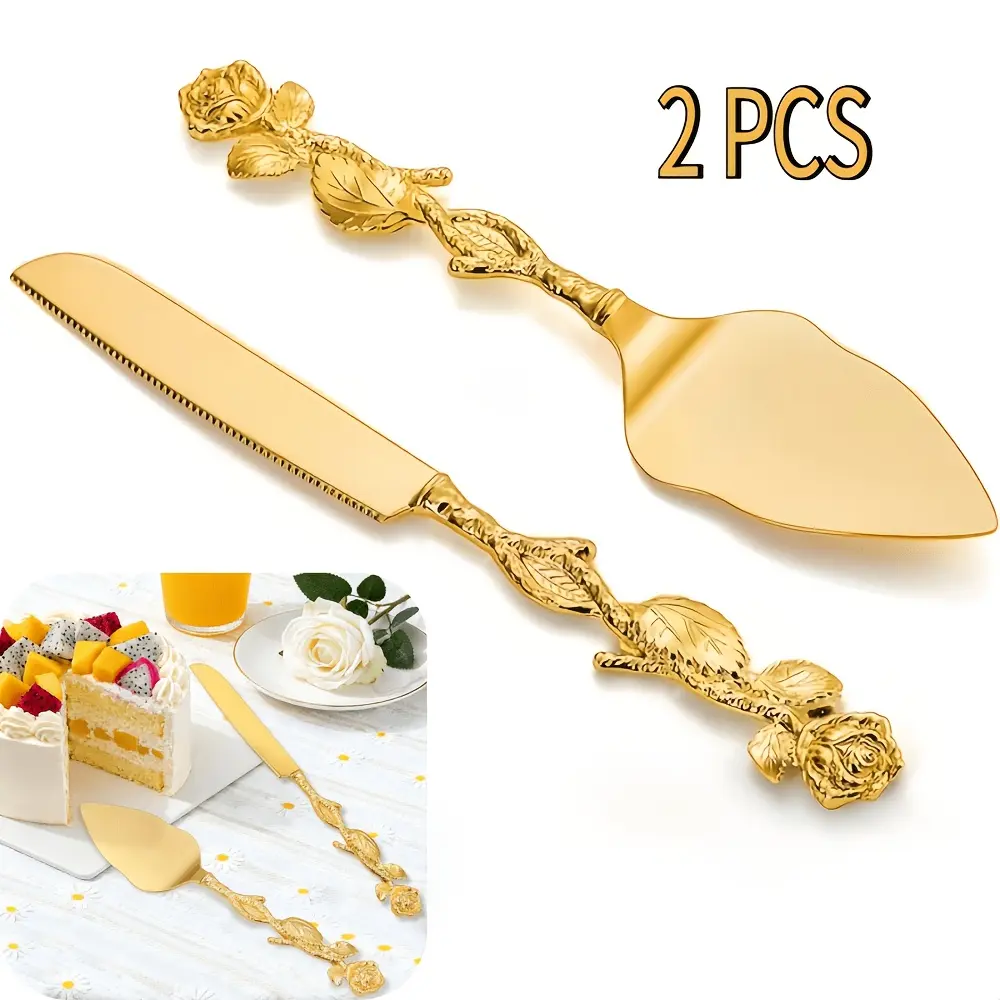 Golden Finish 2-Piece Carved Roses Cake Servers Set - Dishwasher-Safe Floral Motif Home & Festive Party Tableware, Bread/Pizza Servers for Weddings, Birthdays