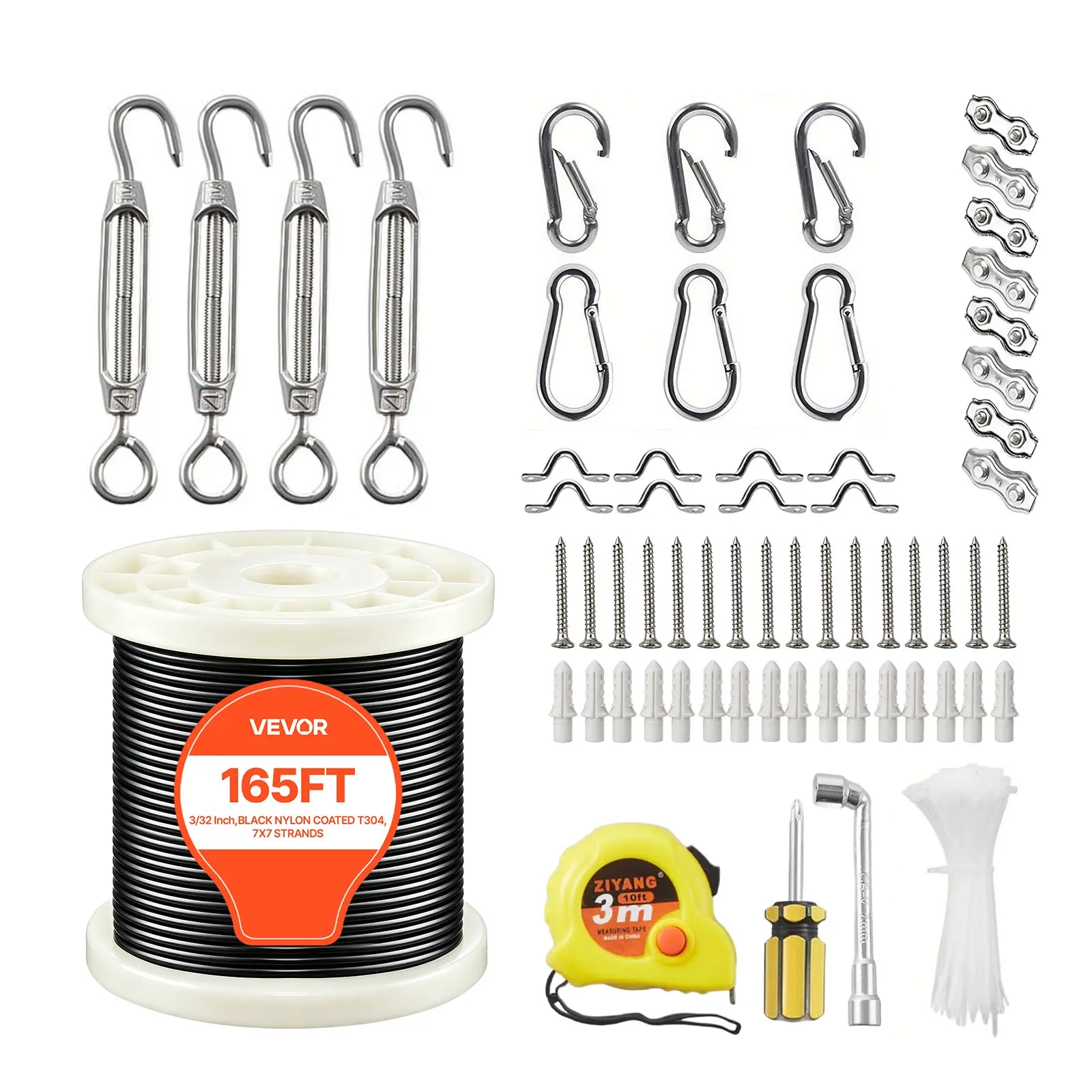 VEVOR 3/32 Inch 304 Stainless Steel Cable Kit, 165ft Length, 7x7 Strands Construction, 450 lbs Breaking Strength, for Deck Railing System, Garden Trellises