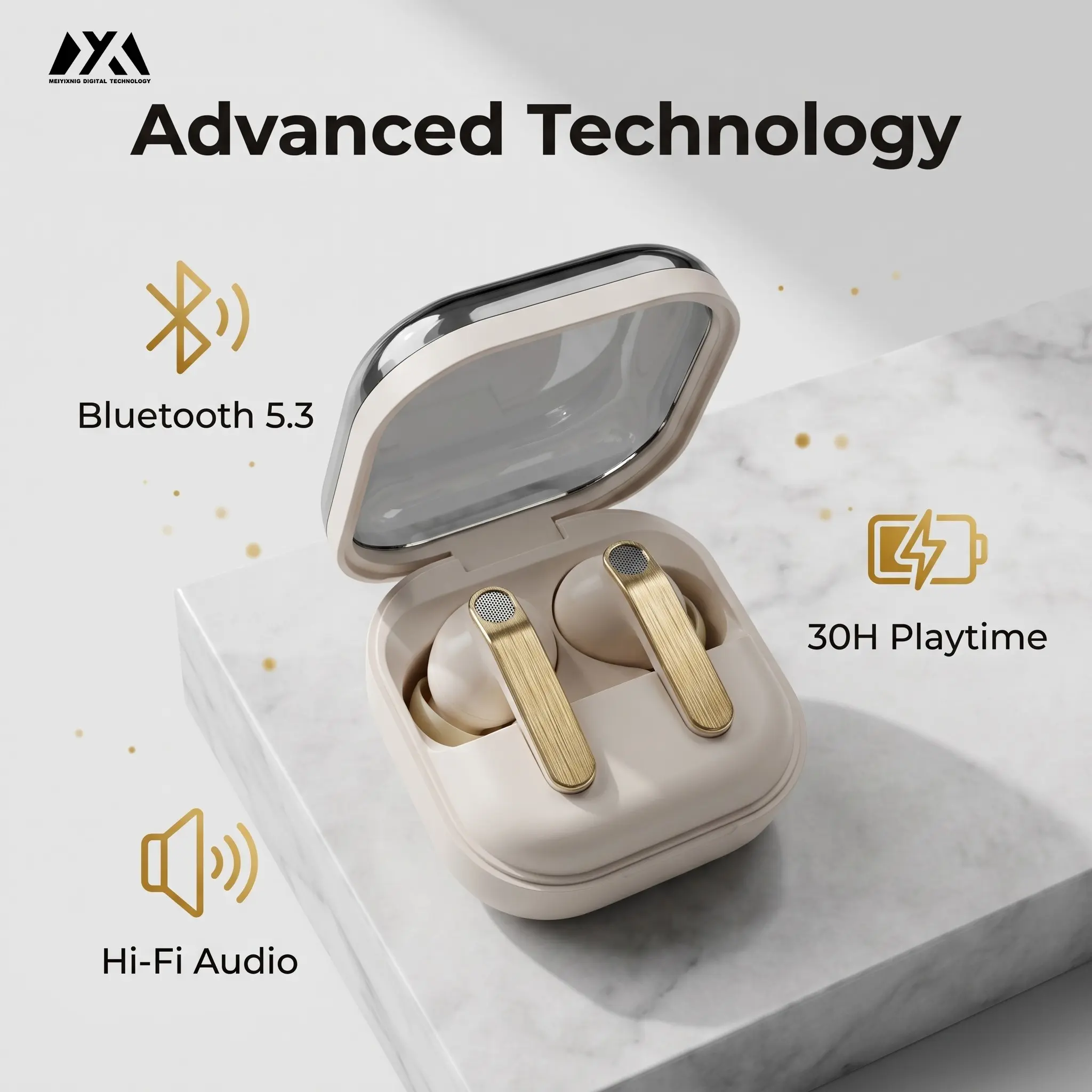 Bluetooth-compatible 5.3 Wireless Earbuds, Elegant Metal Detail, HiFi Stereo Sound, Transparent Charging Case, Noise Isolation for Music Calls