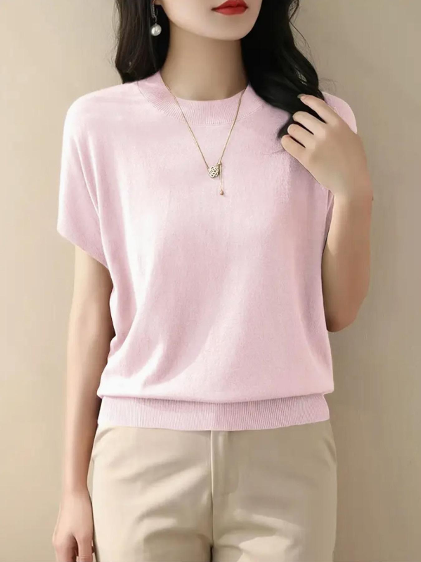 Women's Plain Round Neck Sweater Knitwear, Casual Short Sleeve Crew Neck Jumper for Summer, Fashion Women's Top for Daily Wear