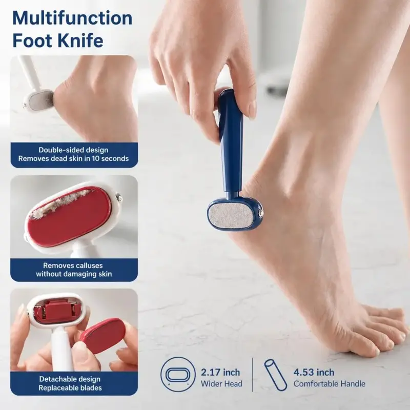 Double-Sided Manual Foot Callus Remover, Portable Scraper with Replaceable Stainless Steel Blades, Exfoliating Tool for Corns, Dead Skin and Thick, Hardened Heels