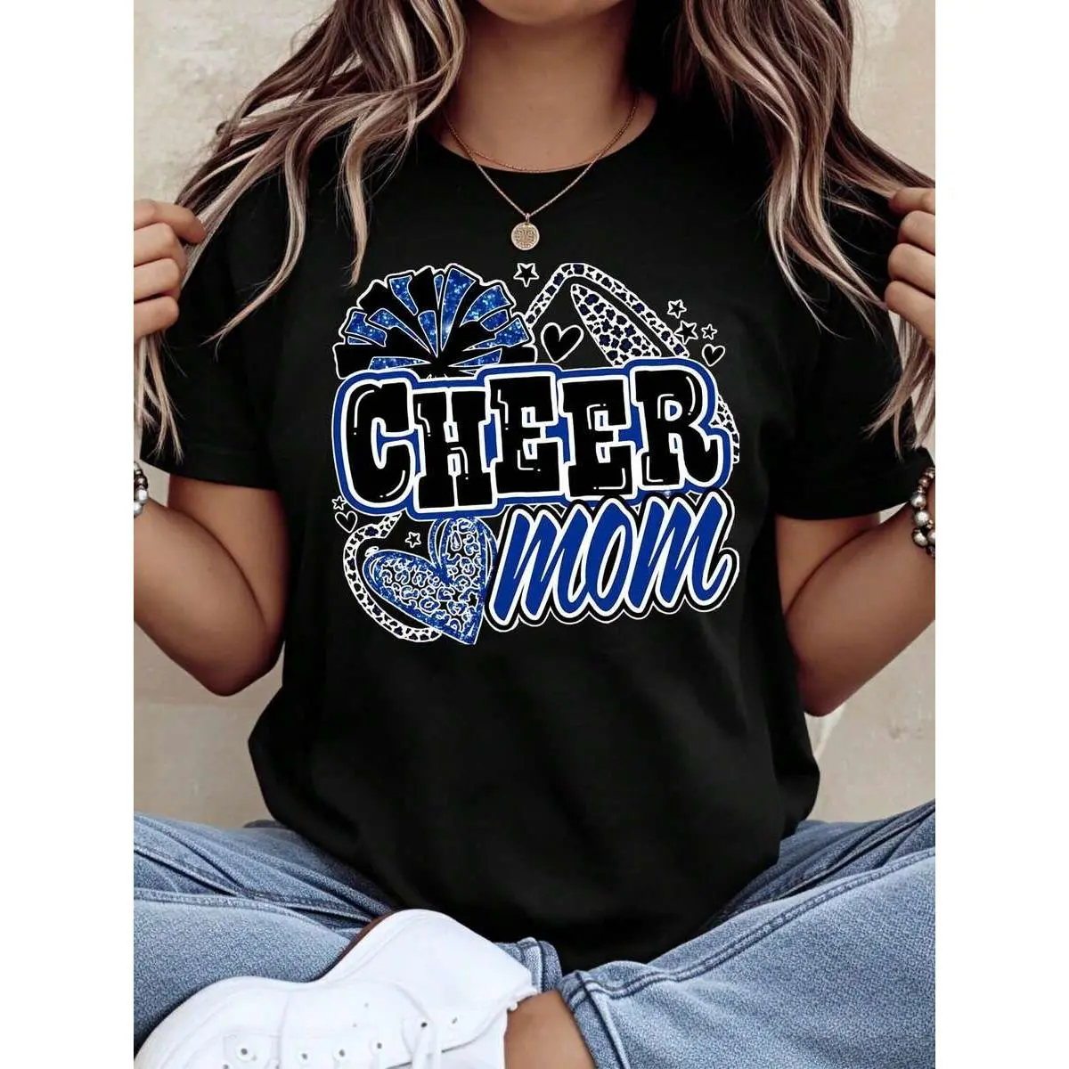Loose Large SizeCheer Mom T Shirt Cheerleading Mom Shirt Blue And Black Design For Cheer Parents And Supporters, 220g