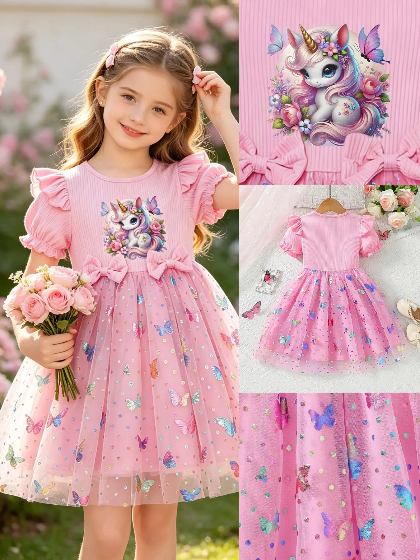 Girls' Fashion Dress with Cartoon Print, Little Girl Dress, Perfect for Camping, Travel, Vacation, Parties, Unicorn Print Short Sleeve Princess Dress