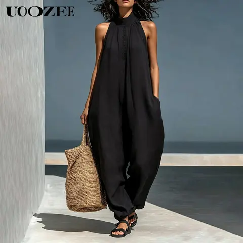 UOOZEE Women's Oversized Baggy Wide Leg Halter Neck Mock Neck Jumpsuit - Sleeveless, Cuffed Hem, Pockets, Eyelet Detail, Back Zipper, Soft Breathable Lightweight Elastic Fabric, Minimalist Casual Resort Wear, Size Up Note for Full Bust, Tall/Petite Fit