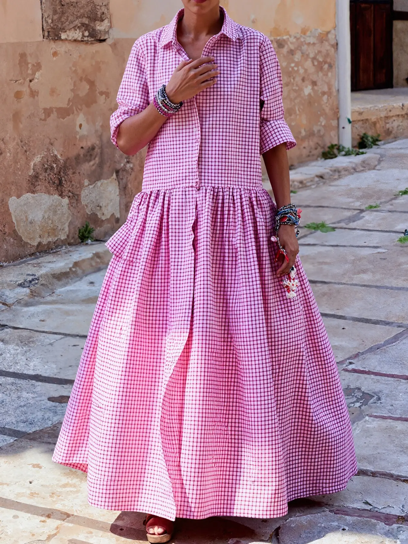 Vacation Style Casual Patterned Lapel Button Front A-Line Long Shirt Dress, Elegant Summer, Perfect for Travel & Leisure